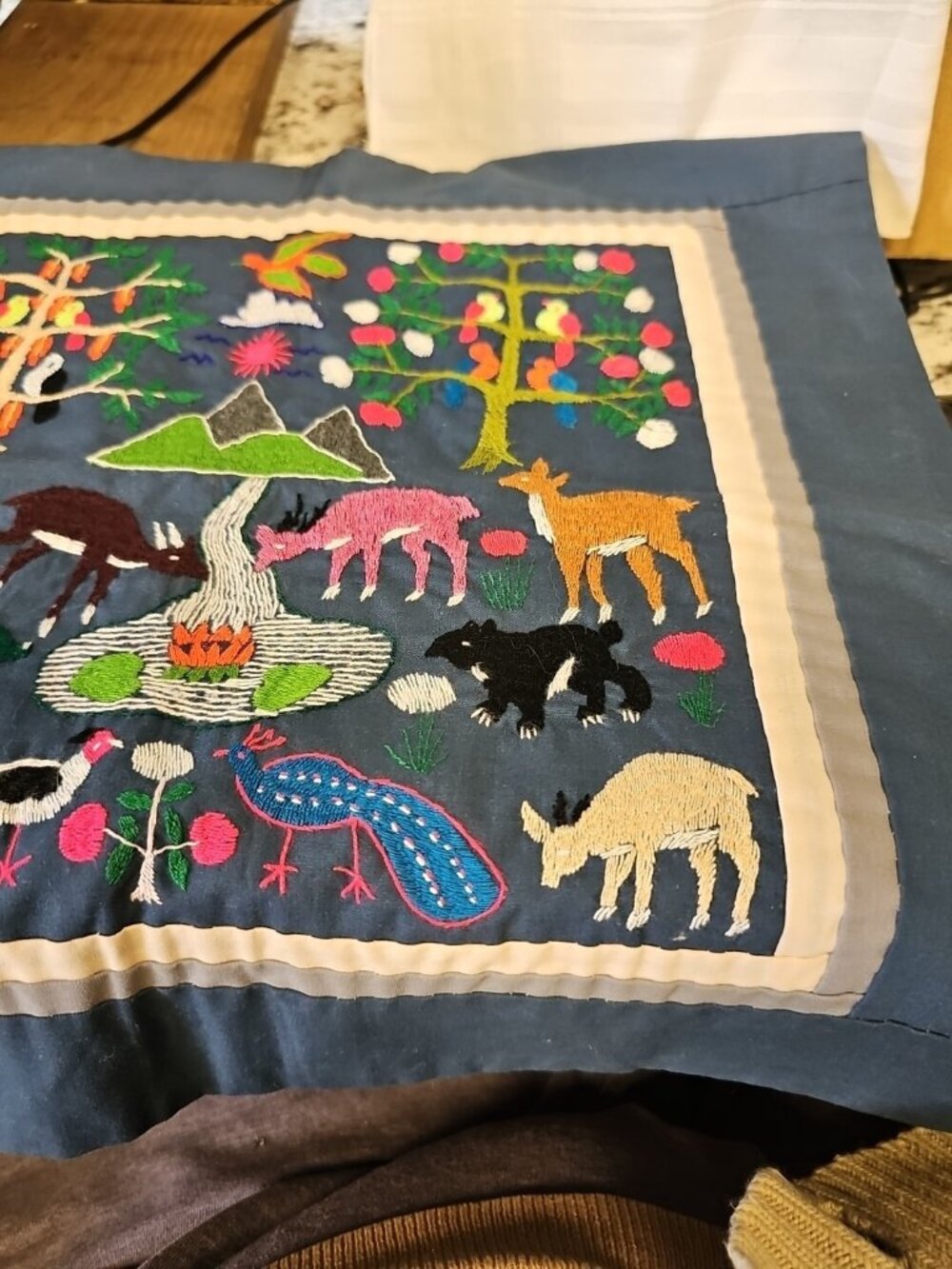 Vtg Embroidered Panel Navy Blue Background